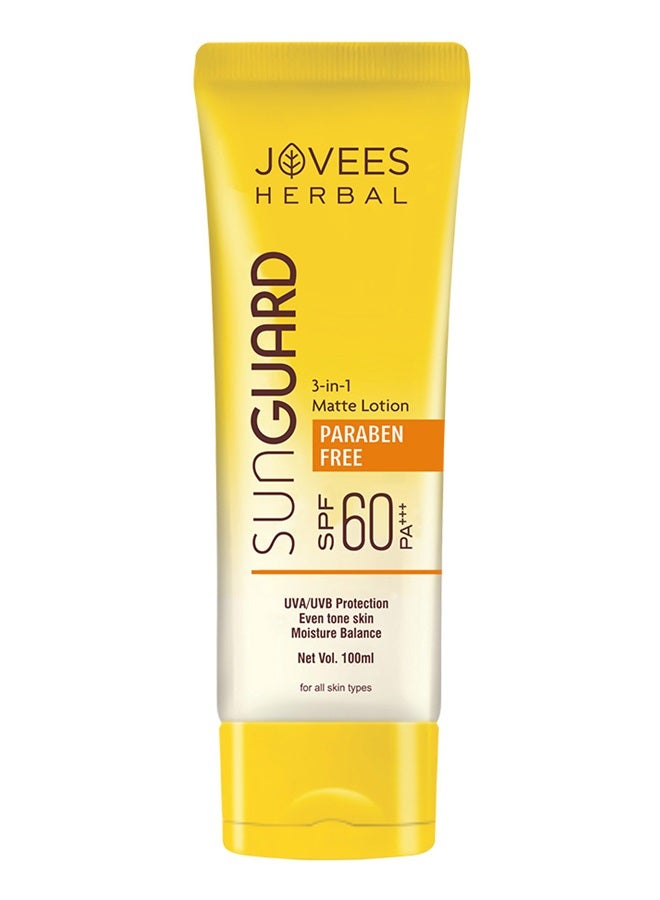Jovees Herbal Sunguard SPF 60 PA+++ 3-in-1 Matte Lotion 100ml | Broad Spectrum UVA/UVB Protection | Non-Greasy, Hydrates & Evens Skin Tone | For Men & Women