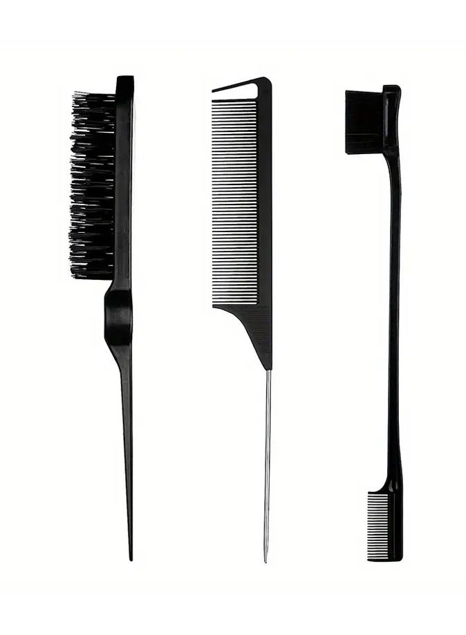 3 Pieces Hair Styling Comb Set Teasing Hair Rat Tail Comb Edge Brush for Edge and Back Brushing, Combing Slicking Hair Black