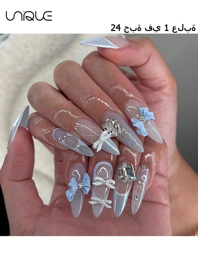 24Pcs Fake Nails, Press Nails, Long Almond Manicure - Sparkling Blue Diamond Manicure - Three-dimensional Bow French Manicure - Fake Nail Patch