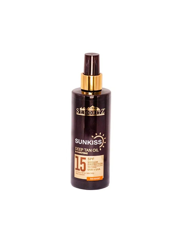 St. Moritz Sun Kiss Deep Tan Oil SPF 15 | 250ml | Sun Protection with Beta-Carotene | Tan Boost Formula
