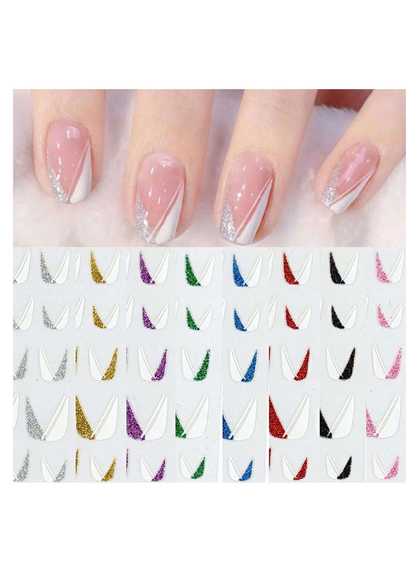 Nail Art Stickers Decals 8 Sheets 3D Self-Adhesive French Tips V Pattern for Natural Fingernails Acrylic Nails Decor Women Girls DIY Decoration