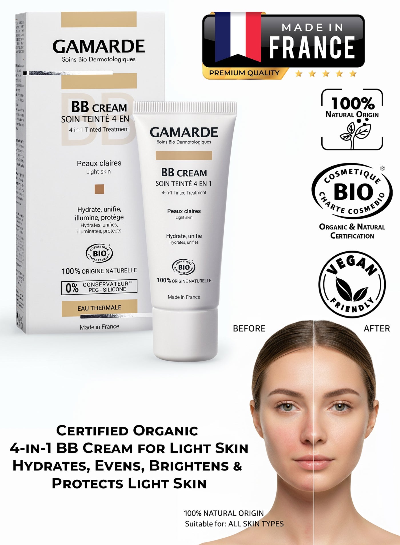 Professional BB Cream for Light Skin 40ml Certified Organic Natural Tinted Moisturizer & Face Corrector 4-in-1 Hydrating, Brightening, Soothing & SPF15 Sun Protecting Formula Lightweight Non-Greasy with Argan Oil, Shea Butter, White Clay & Thermal Spring Water Organic Makeup Base for Fair, Pale, Sensitive, Dry, Normal & Combination Skin Natural Radiant Semi-Matte Finish French Luxury Best Organic Skincare for Daily Use