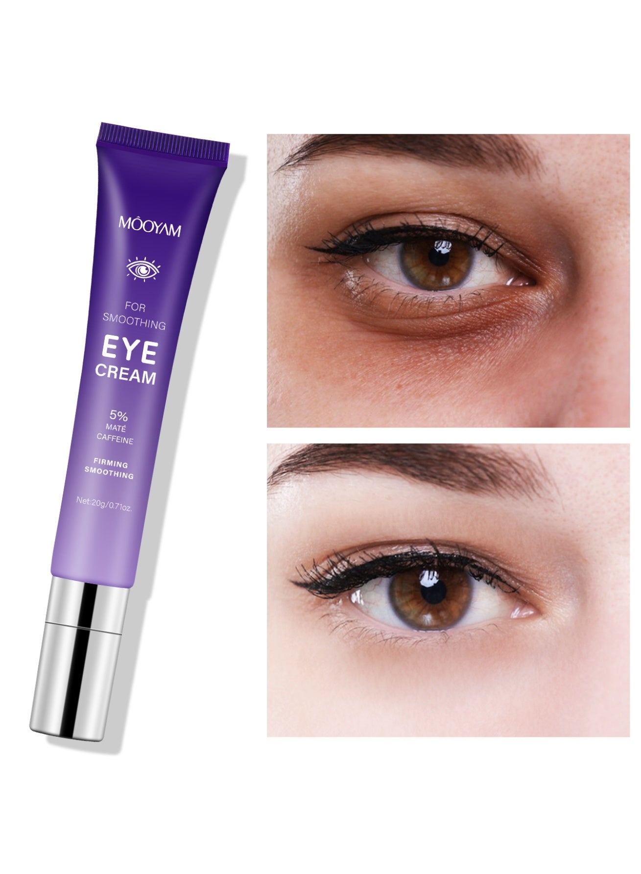 Eye Cream with 5% Mate Caffeine for Puffy, Fine Lines, Dark Circles and Wrinkles, Under Eye Serum with 360° Roller Massage Ball, Eyelids Skin Care for Women & Men