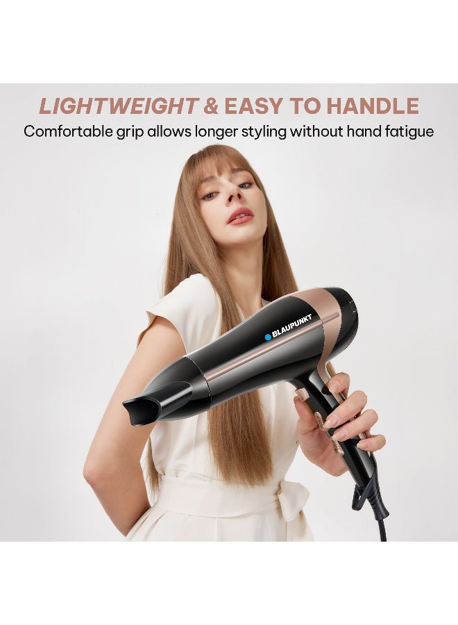 Blaupunkt Hair Dryer 2000W – Ionic Function, 3 Heat & 2 Speed Settings, Cool Shot, Diffuser & Concentrator Attachments, Lightweight Design, Fast Drying, Frizz Control, 2-Year Warranty -SDL425BK - image 6