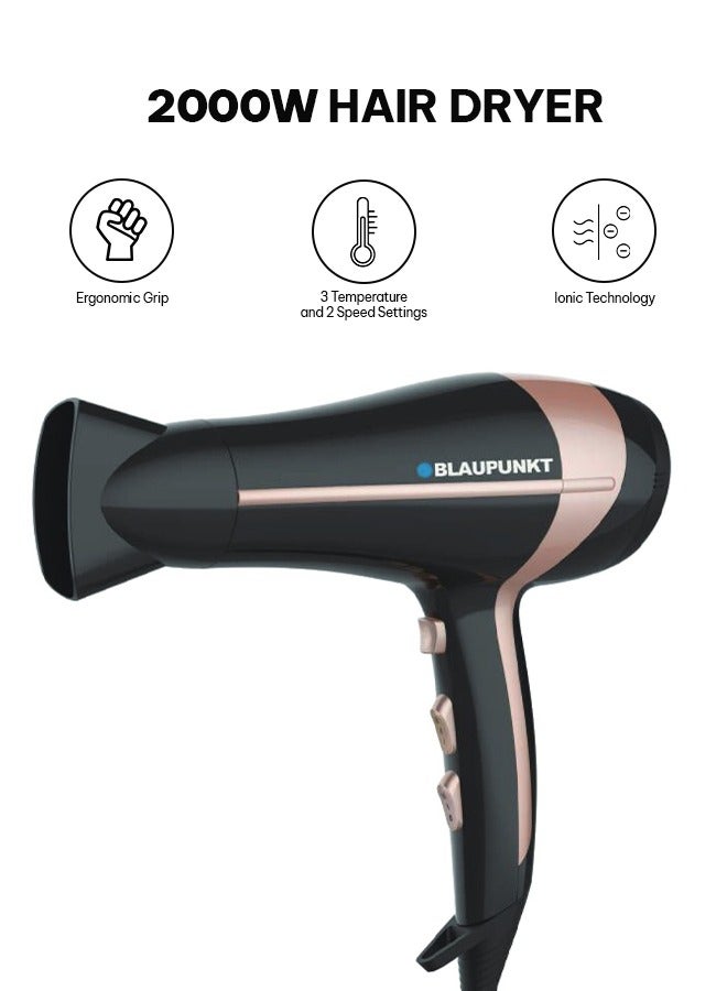 Blaupunkt Hair Dryer 2000W – Ionic Function, 3 Heat & 2 Speed Settings, Cool Shot, Diffuser & Concentrator Attachments, Lightweight Design, Fast Drying, Frizz Control, 2-Year Warranty -SDL425BK
