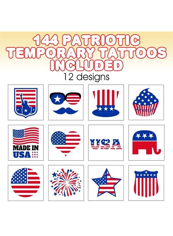 Patriotic Tattoos for Kids, Bulk Pack of 144, July 4th Party Favors, Non-Toxic 1.5 Inch Temporary Tats, Red, White, and Blue Accessories for Memorial, Veterans Day, Assorted Designs