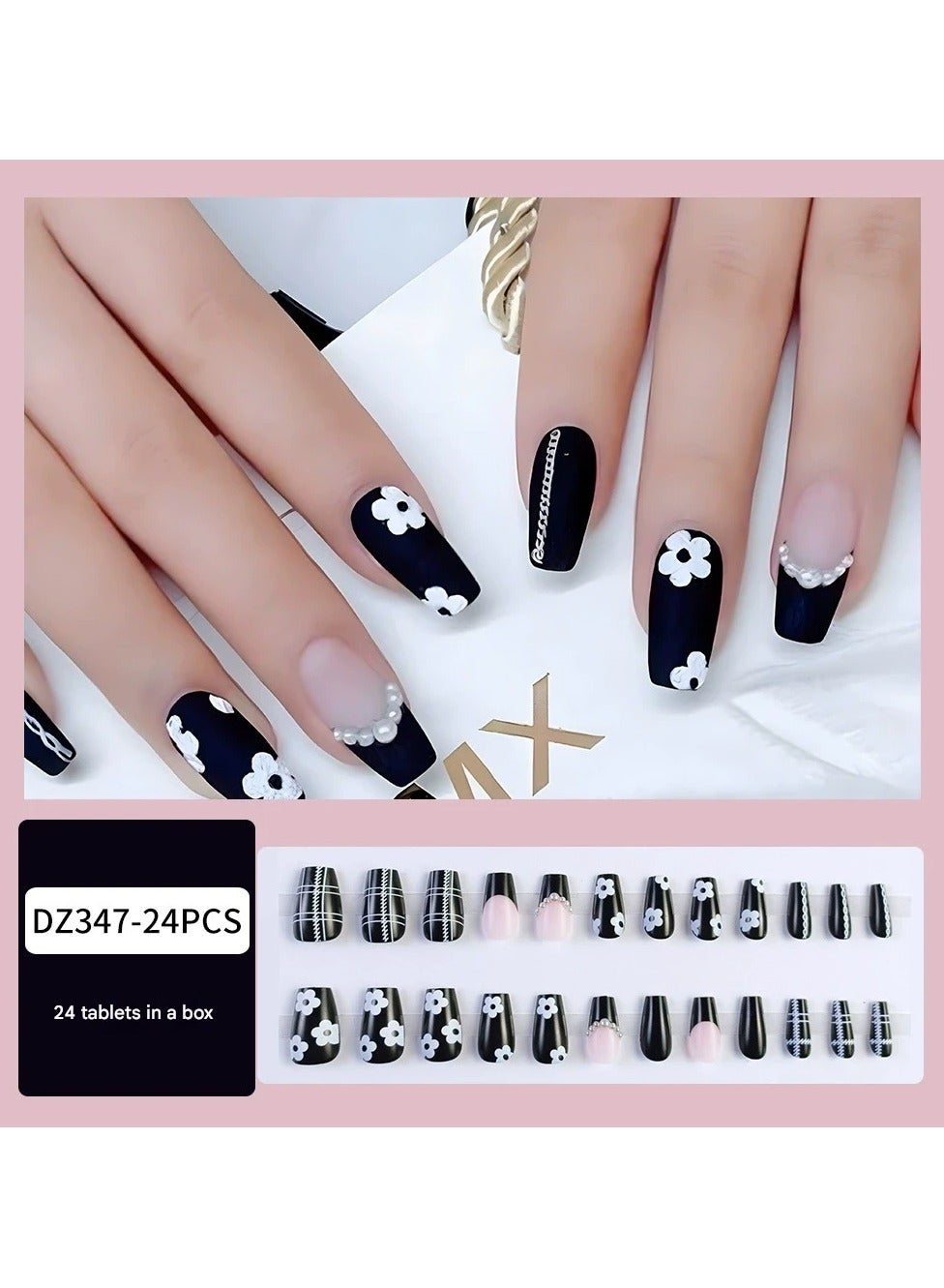 Black White Floral Plaid French Press On Nails – Handmade Elegant False Nail Tips Set, 24pcs Reusable