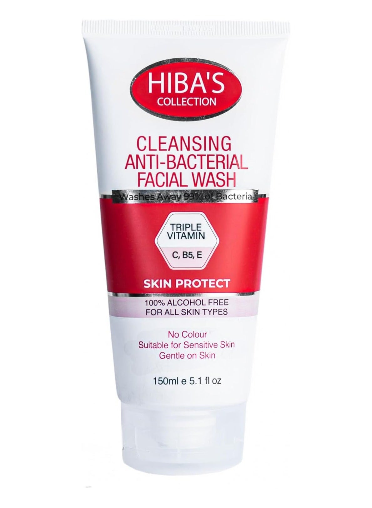 HIBA'S COLLECTION Cleansing Anti-Bacterial Facial Wash Triple Vitamin C, B5, E Washes Away 99% of Bacteria Skin Protect 100% Alcohol Free For All Skin Types 150ml 5.1 fl oz