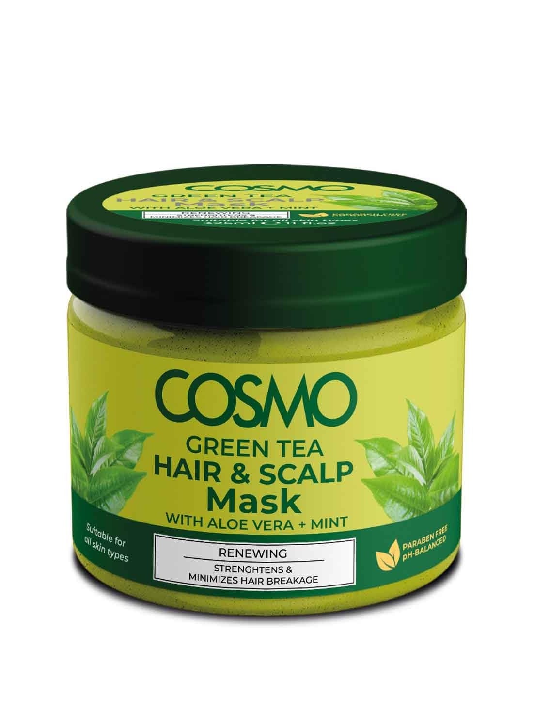 Cosmo Green Tea Hair and Scalp Mask 325ml, With Aloe Vera + Mint, Renewing, Strenghtens and Minimizes Hair Breakage