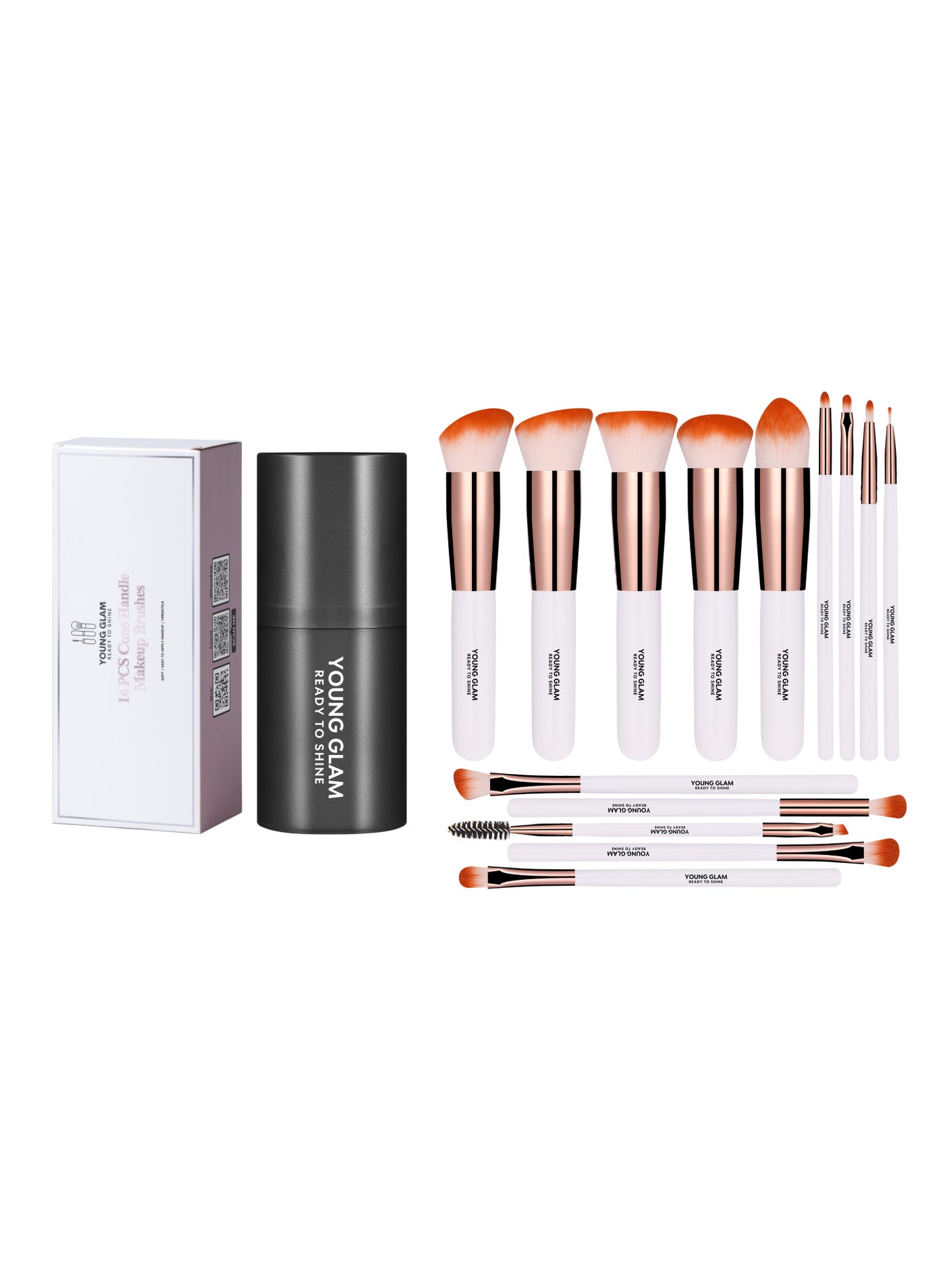Young Glam Daily Essential Makeup Brushes 14 Pcs Brush Set, Premium Synthetic Foundation Powder Concealers Eye Shadows Makeup Brushes White Golden with Black Travel Case