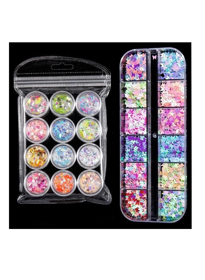 12 Colors Nail Art Butterfly Glitter Sequins and 12 Colors Mixed Glitter Sequins DIY Nail Art Set