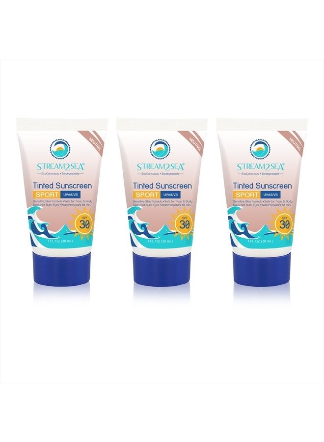 SPF 30 Tinted Sunscreen Biodegradable and Reef Safe, 1 Fl oz Pack of 3 Travel Size Paraben Free Non Greasy and Moisturizing Mineral Sunscreen For Face, Body Protection Against UVA and UVB