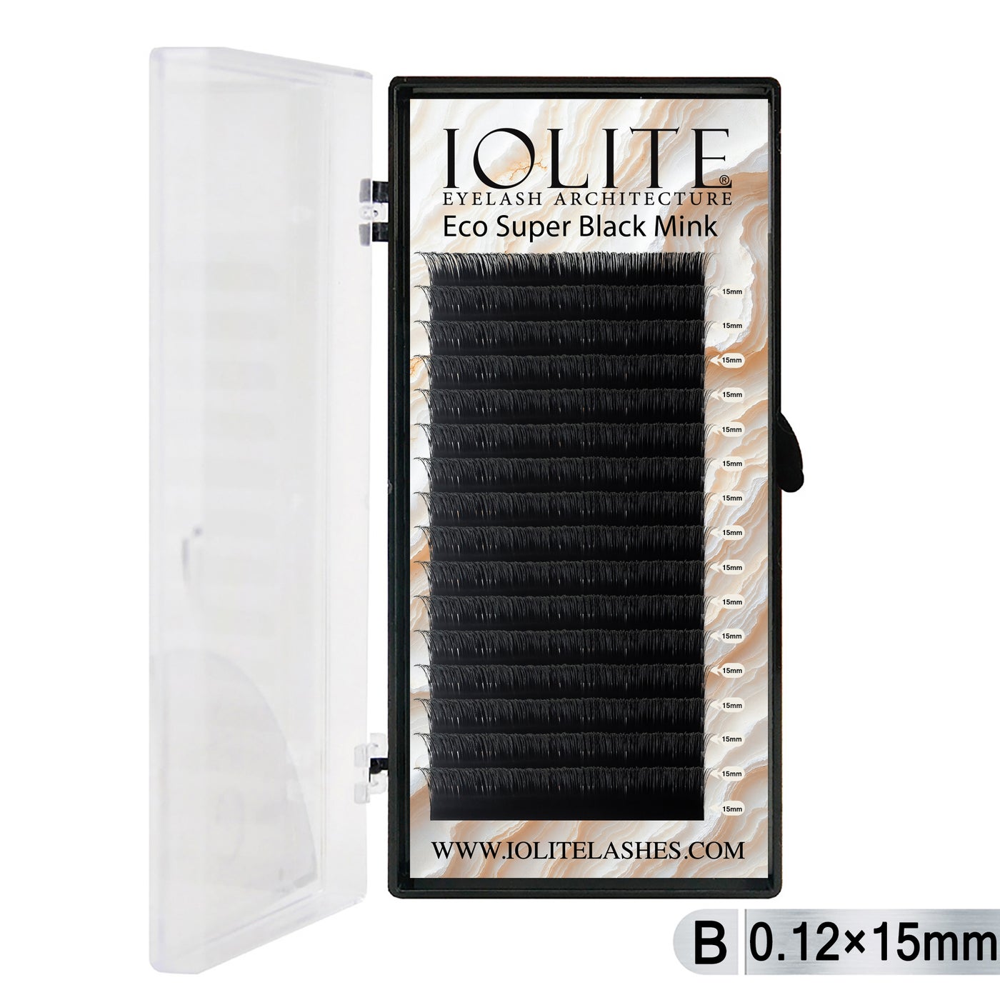 Iolite Super Black Mink Lash Extensions – B Curl 0.12T Mix (6mm–15mm) | Premium Black Mink Eyelash Extension Tray for Lash Artists ISBMB12T - 15MM