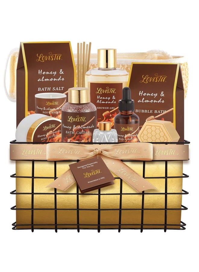 Mother's Day Spa Gift Baskets For Women, Honey Almond Body Set, Birthday Gift - Shower Gel, Bubble Bath, Body Butter, Bath Salt, Oil, Candle, Caviar, Soap, Home Diffuser, Scrubber