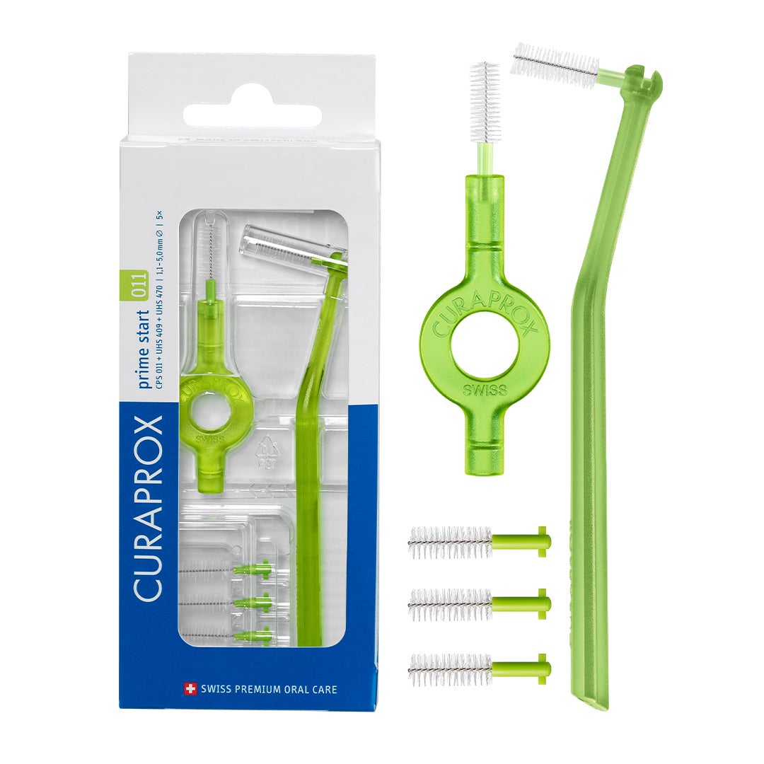 CPS Prime 011 Interdental Brush Kit | 5 Ultra-Fine (1.1 mm) Brushes with 2 Holders for Effective Cleaning | Gentle Plaque Removal, Lime Green