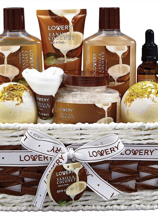 Bath and Body Gift Basket For Women and Men – 9 Piece Set of Vanilla Coconut Home Spa Set, Includes Fragrant Lotions, Extra Large Bath Bombs, Coconut Oil, Luxurious Bath Towel & More