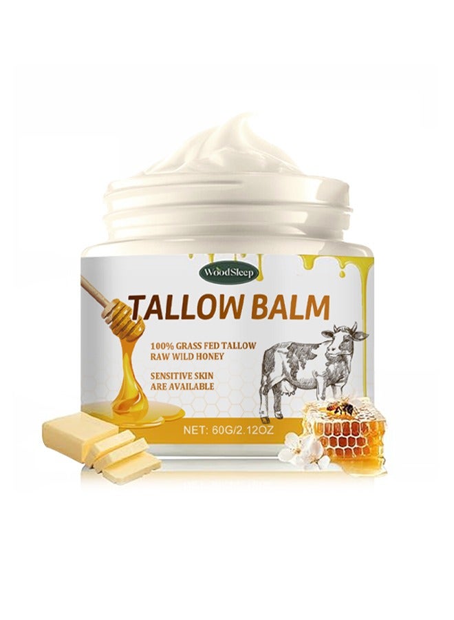 Tallow Balm - 100% Grass Fed Tallow Raw Wild Honey, Sensitive Skin Are Available, Moisturizing, Caring and AntiAging ,Grass Fed Beef Tallow Face Cream (60g /2.12OZ)