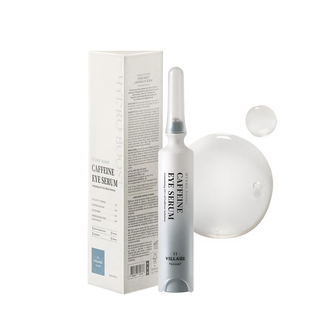 VILLAGE11FACTORY Hydro Boost Caffeine Eye Serum (0.33 fl.oz./10ml) With 10% Caffeine Solution Niacinamide & Hexapeptide-8 Depuff Elasticity Dark Circle Treatment