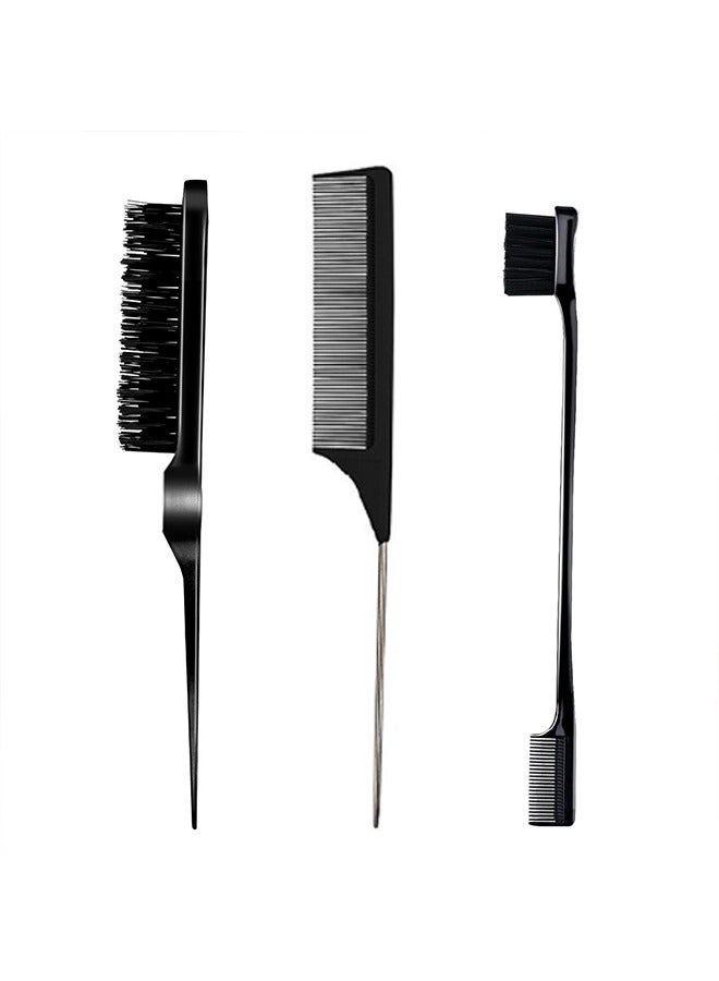 3 Pieces Comb Set for Teasing, Edge & Back Brushing - Rat Tail & Edge Combs for Styling Women's Hair (Black)