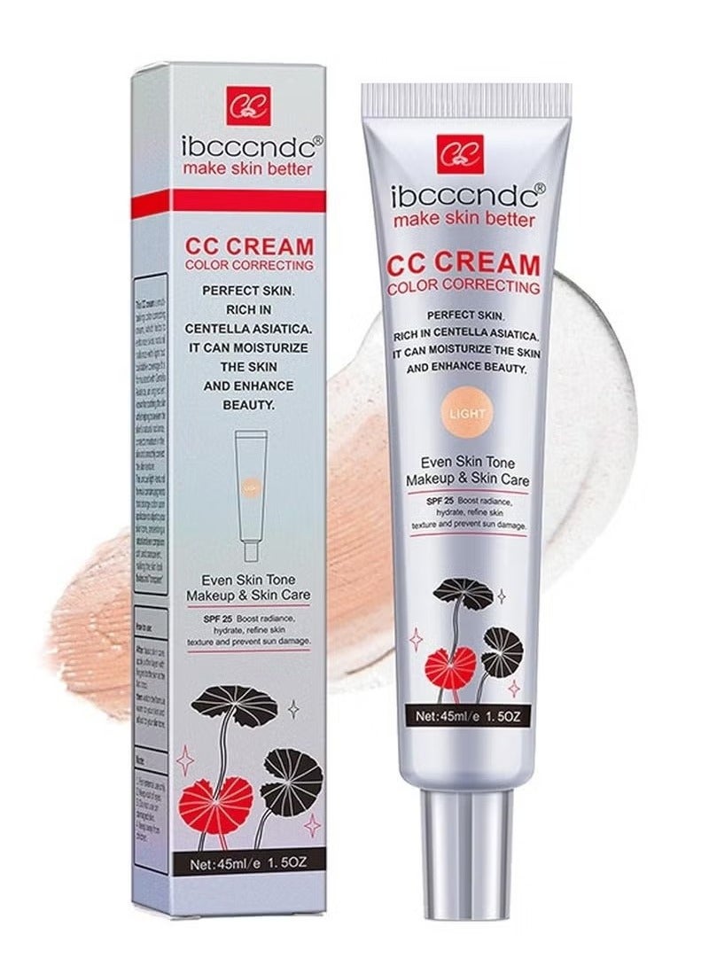 Colour Correcting CC Cream with Centella Asiatica Full Coverage Foundation with SPF 25, Even Skin Tone Makeup and Skin Care, Long Lasting and Hydrating Concealer, Light 45 ml