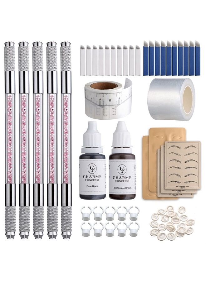 Microblading Pen Kit Double Sided Manual Pen Kit with 20Pcs Needles Pigment Practice Skin Eyebrow Ruler Ring Cup for Permanent Makeup Supplies EK910S20-1