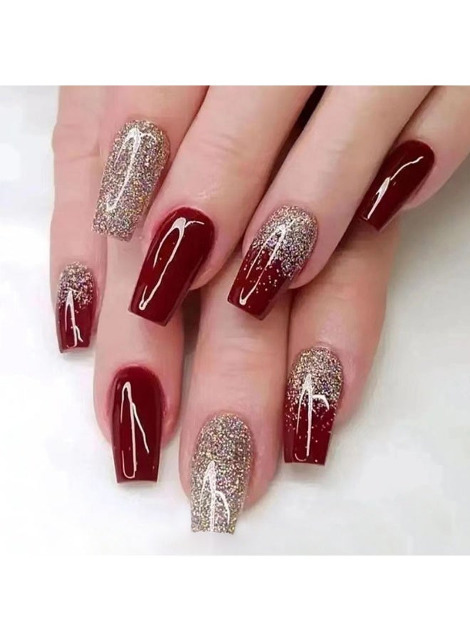 Burgundy Glitter Press-On Nails – Medium-Length Shiny Gold Sparkle Wearable False Nails for Elegant Manicure