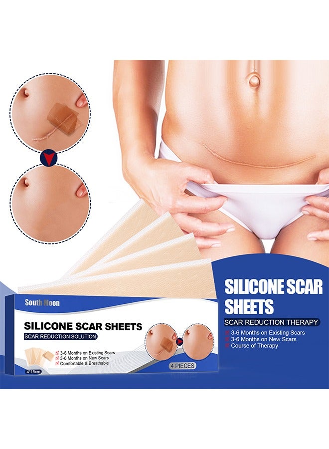 4 Pcs Professional Silicone Scar Sheets, Scar Removal Patch, Soften and Flattens Scars Resulting from Surgery, Injury, Burns, Hypertrophic, C-Section and More, Soft Silicone Scar Strips 5.9"x 1.6