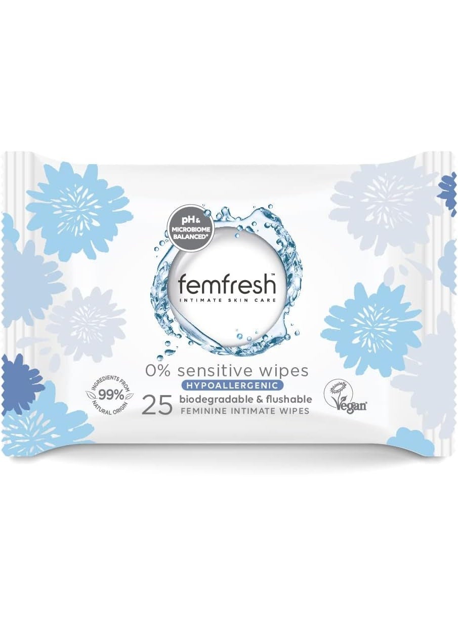 0% Sensitive Intimate Wipes Ph Balanced Hypoallergenic Skin Care Biodegradable & Flushable 99% Natural Origin 25Pcs