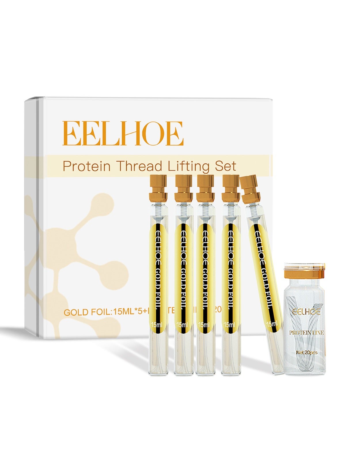 Protein Thread Lifting Set - Soluble Protein Thread with Nano Gold Essence, Absorbable Collagen for Face Lift, Reverse Collagen Serum for Smoothing, Firming, and Moisturizing-GOLDEN LIQUID:15ML*5，PROTEIN THREAD*20