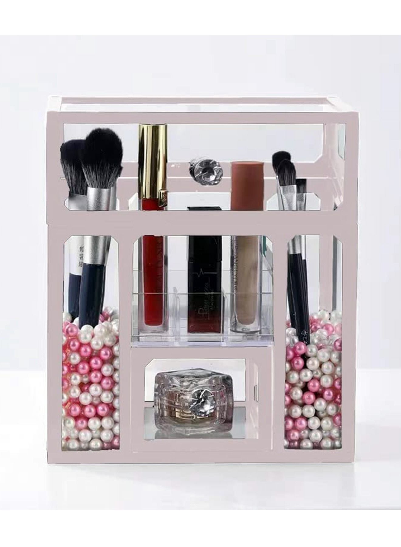 Makeup Organizer Box Brush Holder Glass Storage Cosmetic for Jewelry Decoration(White)