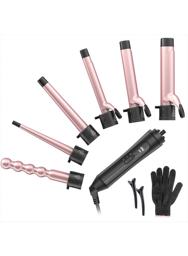 6-IN-1 Curling Iron, Professional Curling Wand Set, Instant Heat Up Hair Curler with 6 Interchangeable Ceramic Barrels (0.35'' to 1.25'') and 2 Temperature Adjustments, Heat Protective Glove & 2 Clips