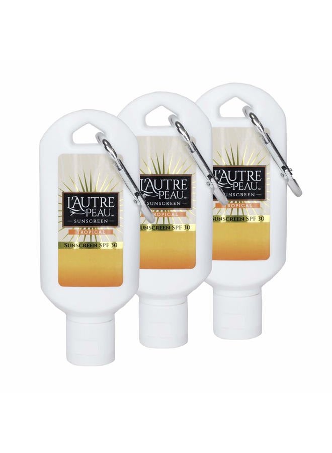 SPF 30 Sunscreen Multi-Pack by L'AUTRE PEAU | Travel Size Sunscreen for Men, Women & Kids | Non-Greasy, Water Resistant | Tropical Scent | TSA Approved | 4 Pack With Travel Strap