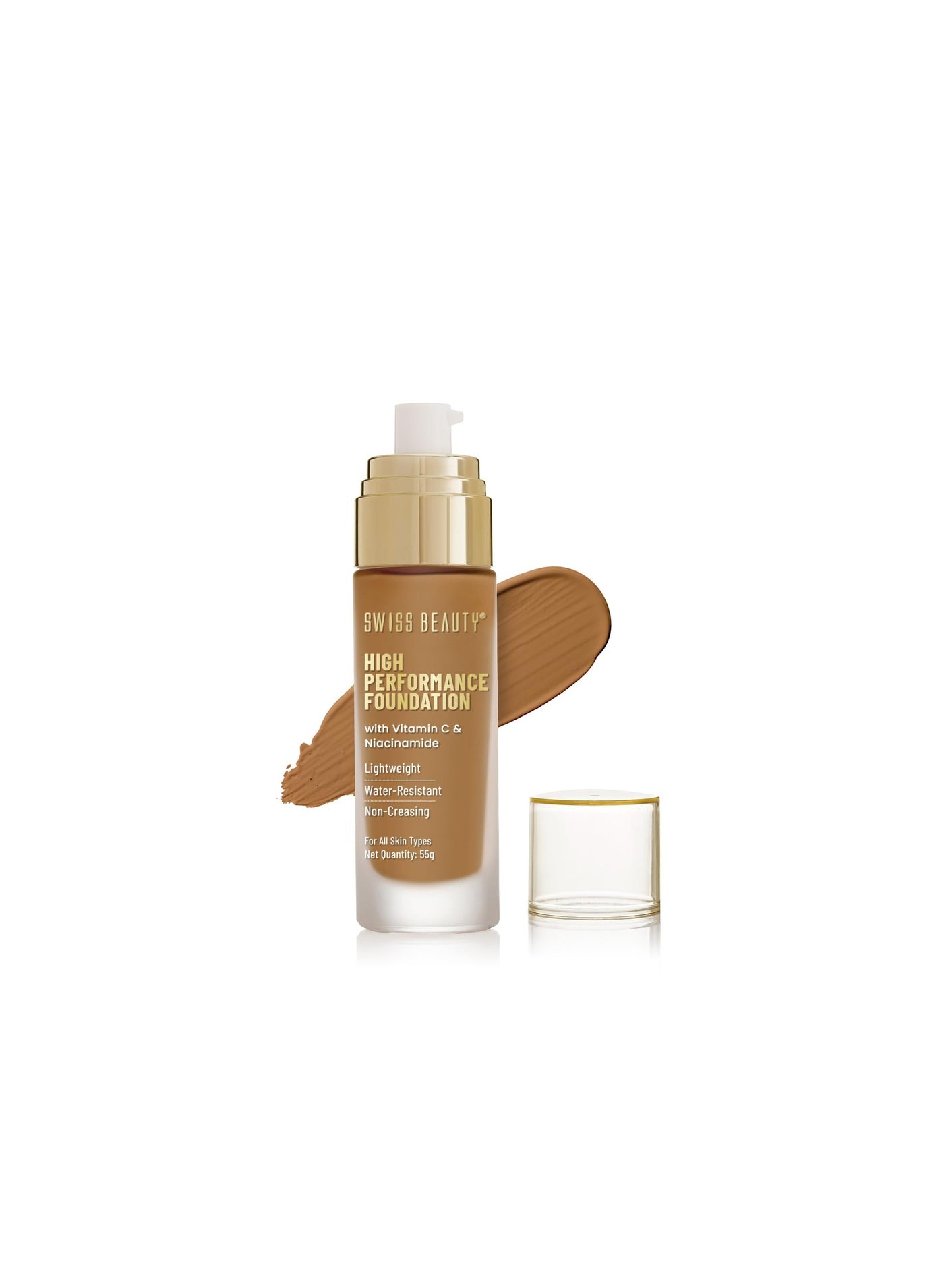 Swiss Beauty High Performance Foundation Water Resistant Medium to Buildable Coverage Lightweight Easy to Blend With Vitamin C and Niacinamide Toffee Beige 55g