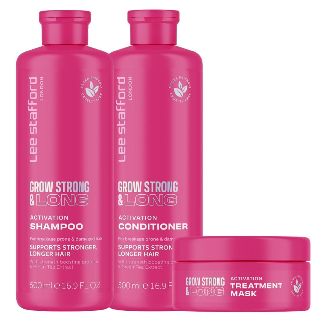 Lee Stafford Grow Strong & Long Kit | Activation Hair Regrowth Bundle Set - Anti Hair Loss Shampoo, Conditioner, & Deep Conditioning Treament Mask