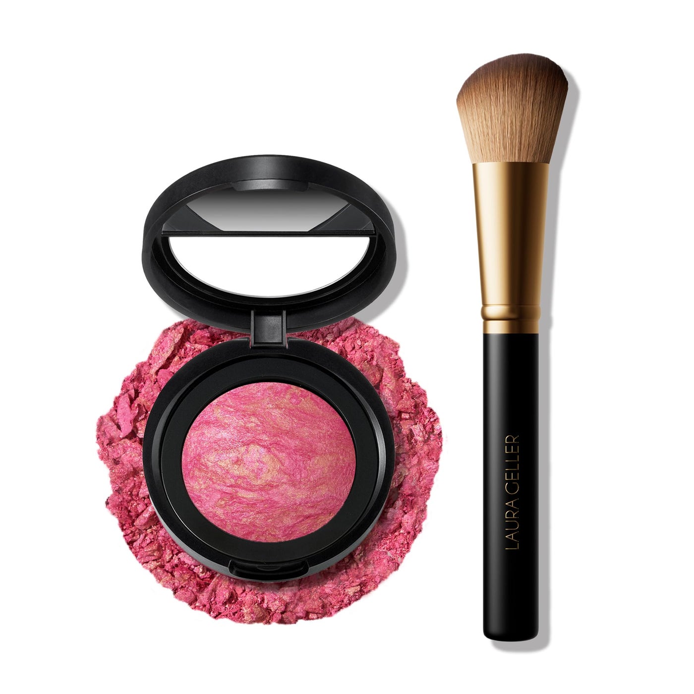 LAURA GELLER NEW YORK Baked Blush-n-Brighten Marbleized Blush + Angled Brush (07 Sunlit Rose, 47mm)