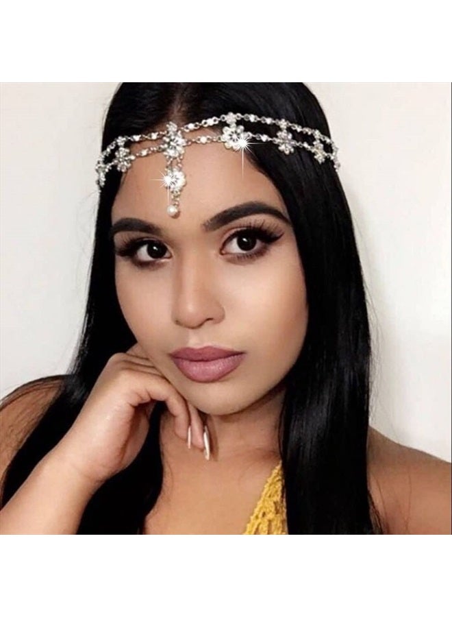 Indian Flower Head Chain Jewelry Gold Crystal Headband Elastic Goddess Headpieces Rhinestone Wedding Hair Chain Jewelry for Women and Girls (Gold-1)
