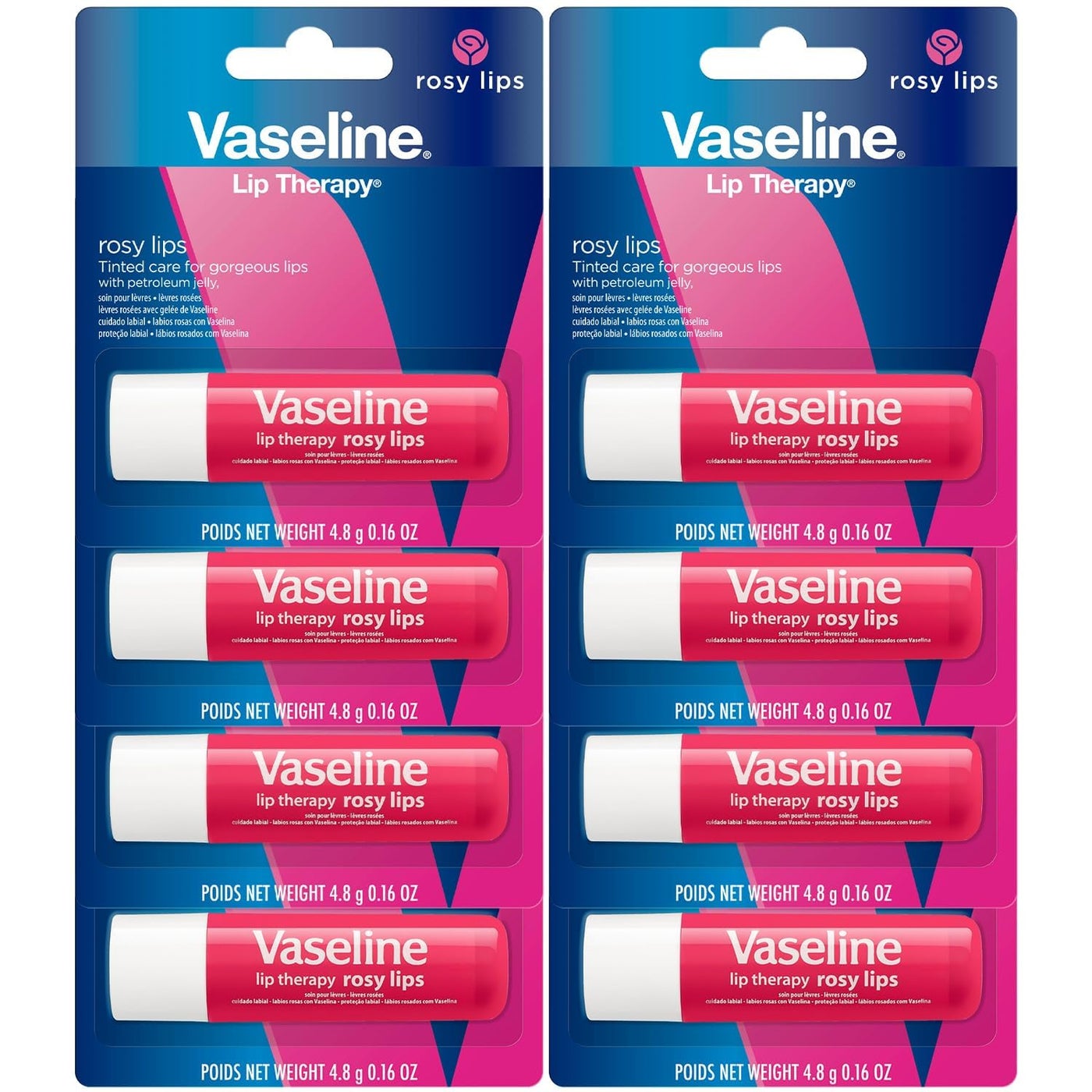 Vaseline Lip Therapy Rosy Lips 8-Pack â€“ Moisturizing Lip Balm, Tinted, 0.16 Oz Ea