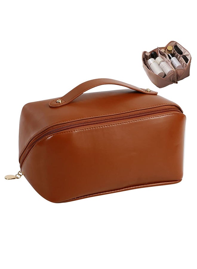 Travel Cosmetic Bag Large Capacity Cosmetic Bags for Women Multifunctional Storage Makeup Bag PU Leather Toiletry Bags - Brown