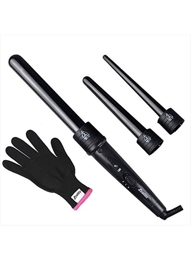 Curling Iron Set,Zealite 3 in 1 Hair Curling Wand Set Interchangeable Ceramic Barrels with Free Heat Resistant Glove (Black)