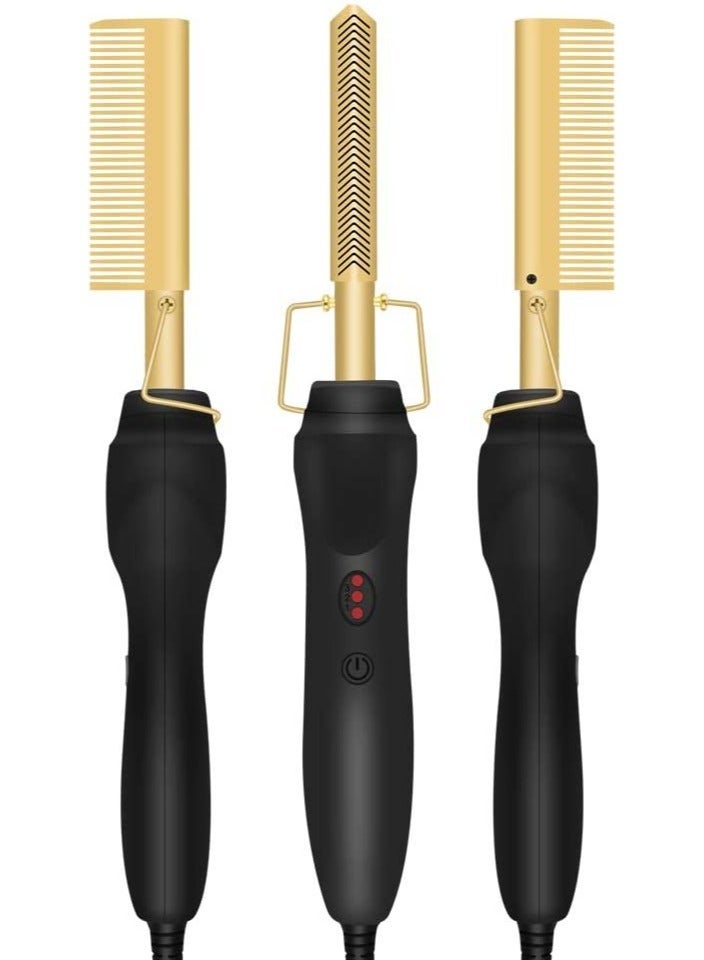Gold Plated Heated Styling Comb Electric Hot Straightening Heat Comb Ceramic Curling Flat Iron Curler Designed Hair Straightener for Natural Black Hair,Wigs