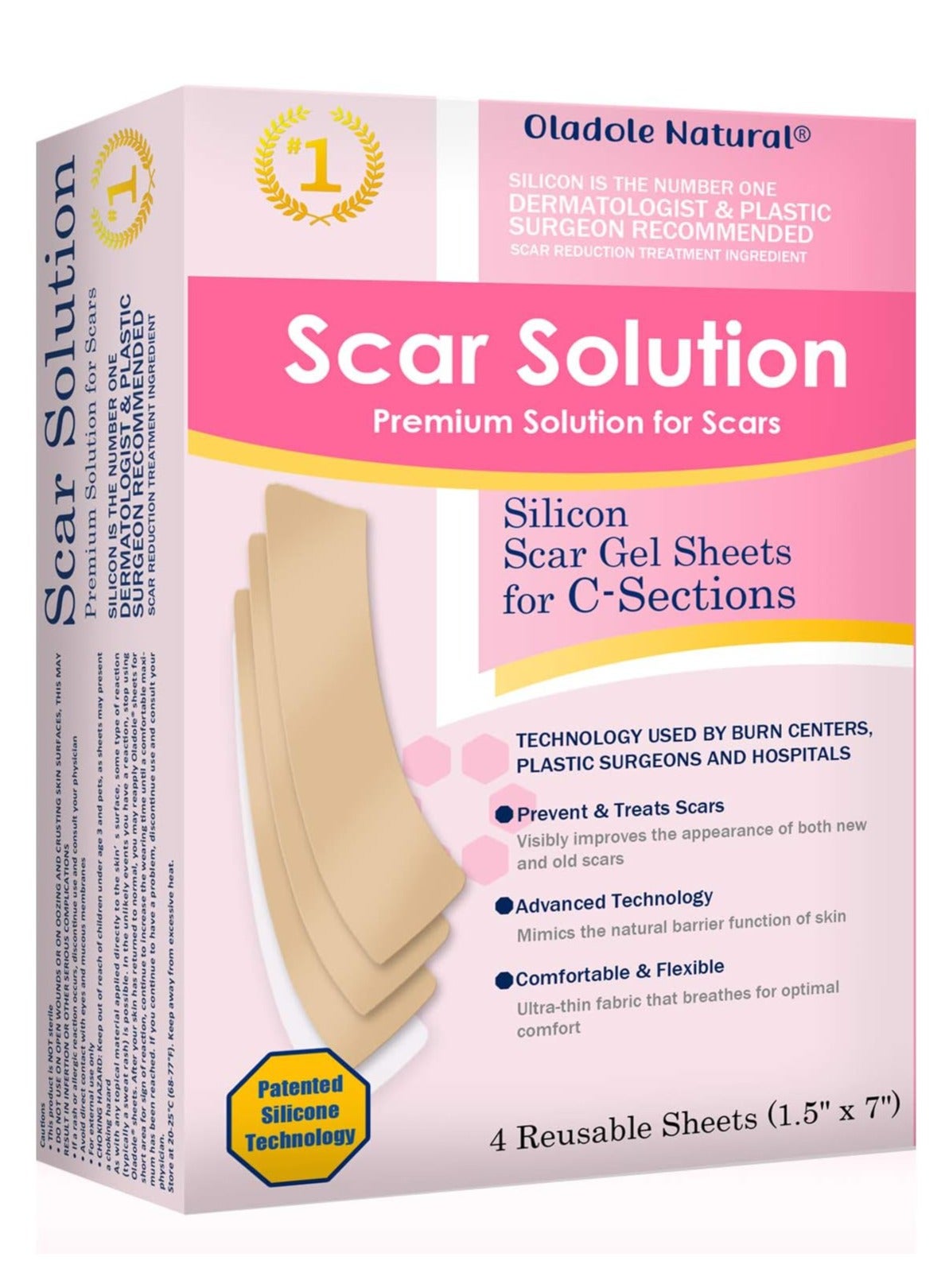 Oladole Natural Skin Care Advanced Scar Sheets for C-section Scar Solution, Reusable Sheets (1.5" x 7") for Hypertrophic and Keloid Scars from Injury, Burns, Surgery and More, 4 Sheets