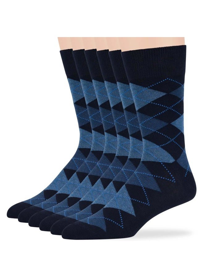 Men's Dress Argyle Cotton Socks - 6 Pack - Large - Casual Seamless Socks Size 10-13 Shoe Size 9-12 L Dark Navy (AR02)