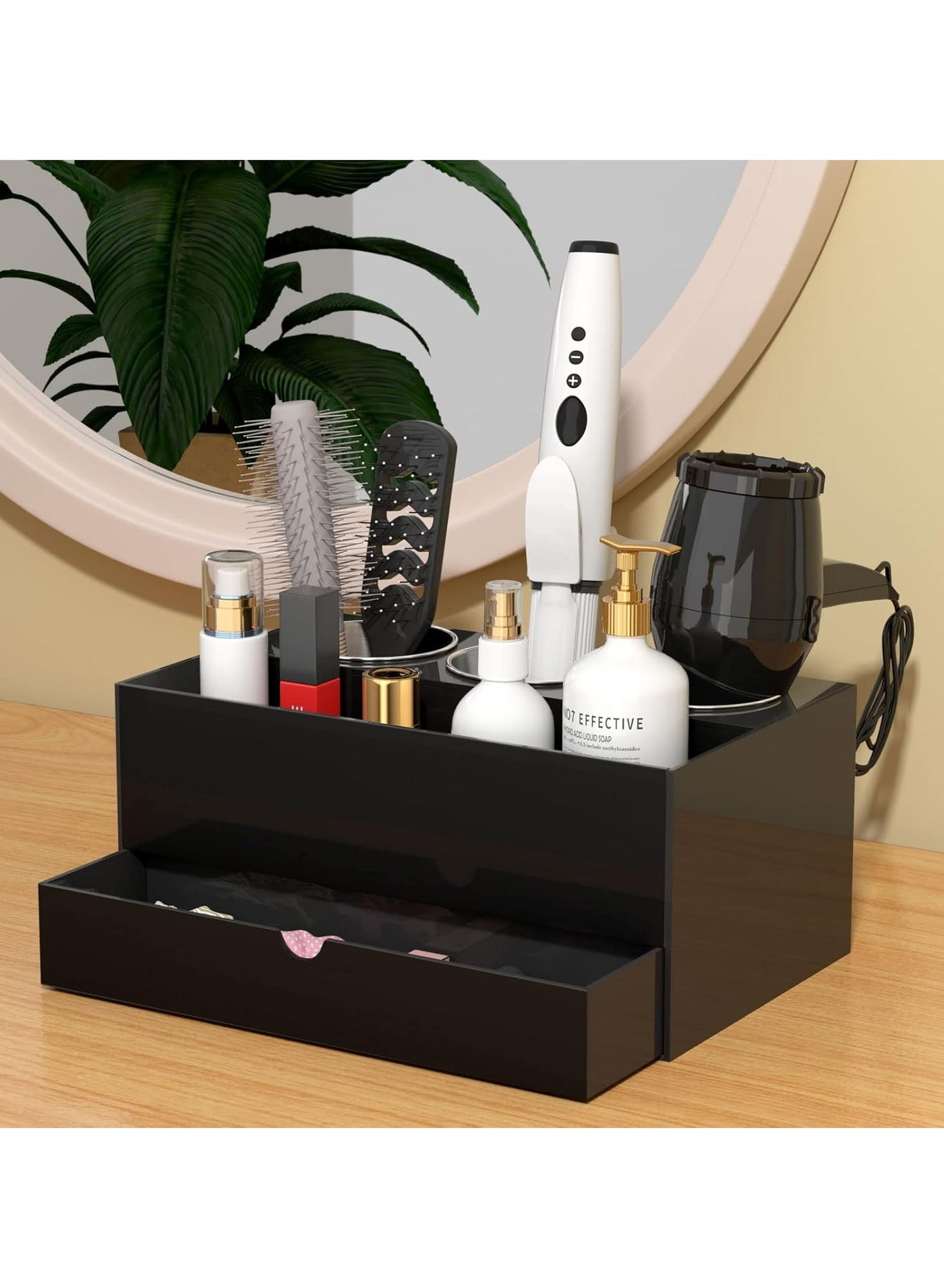 Hair Tool Organizer | Black Acrylic Hair Dryer and Styling Organizer with Drawer | Bathroom Countertop Blow Dryer Holder | Vanity Caddy Storage Stand for Accessories, Makeup, Toiletries