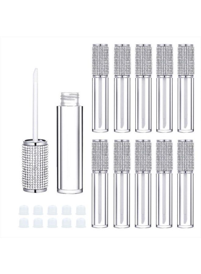 10 Pack Crystal Rhinestone Lip Gloss Wand Tubes, 5ml Empty Lip Gloss Containers, Lipgloss Lip Balm Bottles with Rubber Stoppers for DIY Lip Glaze Balm Cosmetic Business (Silver Diamond)