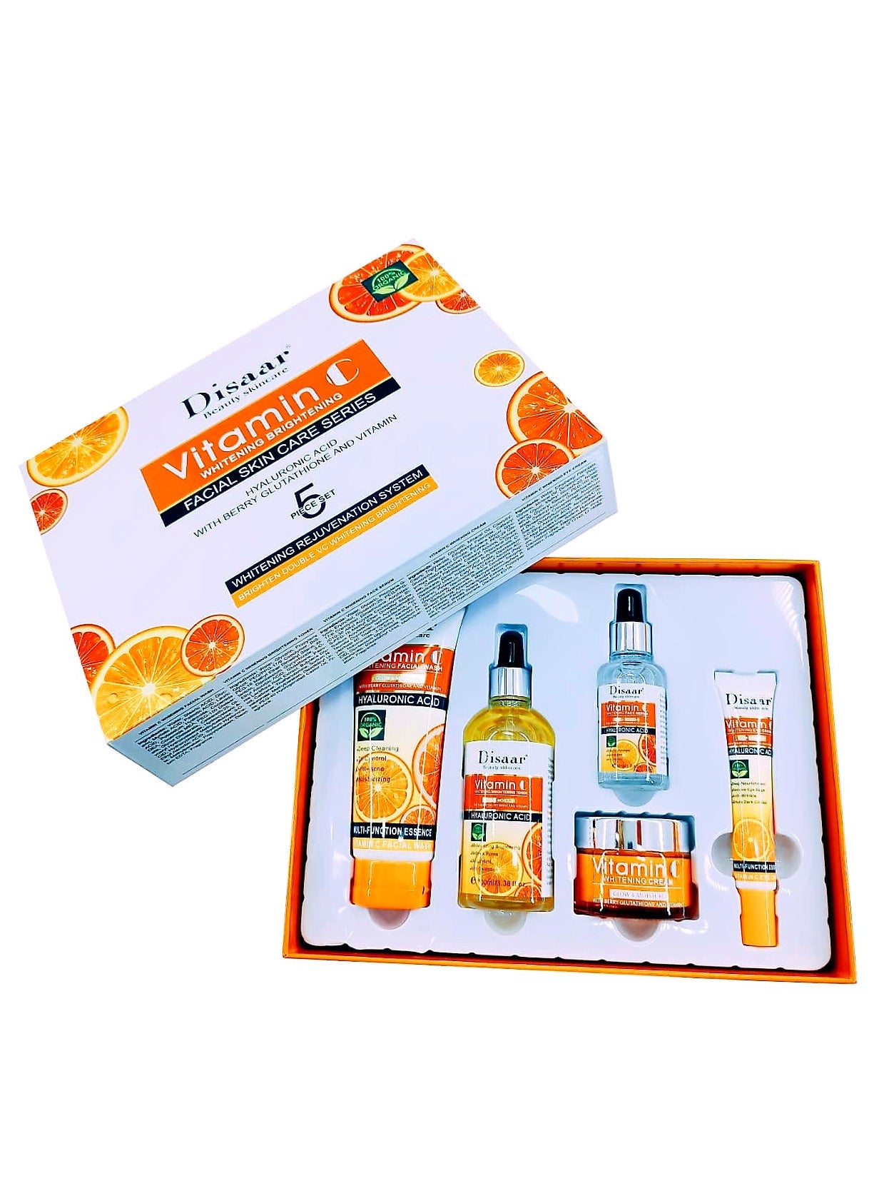 5 Piece Vitamin C Anti Aging And Skin Care Set Orange/White Facial Cleanser 100 g Brightening Toner 100Ml Face Serum 30 Ml Whitening Cream 50Ml Eye Cream 25Ml