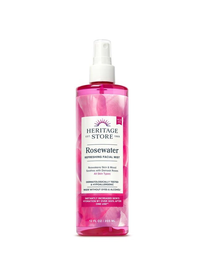 Rosewater - Refreshing Facial Mist for Glowing Skin with Damask Rose, All Skin Types - Rose Water Spray for Face, Made Without Dyes or Alcohol, Hypoallergenic, Vegan, Cruelty Free, 12oz