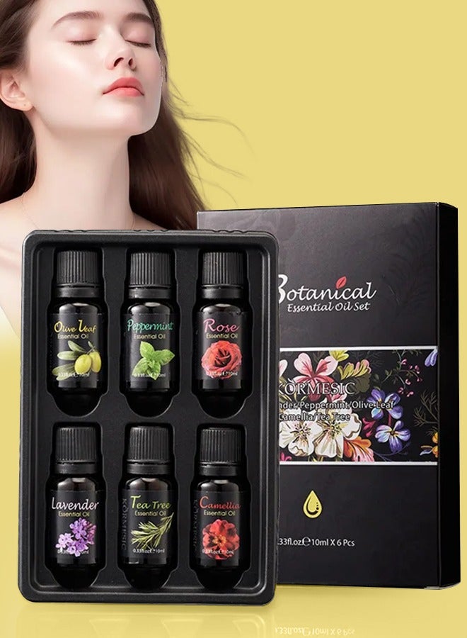 6Pcs Botanical Essential Oil Set Body Oils with Rose Lavender Peppermint Olive Leaf Camellia and Tea Tree Oil Facial and Body Skin Care Essentials Oils Set Moisturizing Hydrating Nourishing Oil 6x10ml