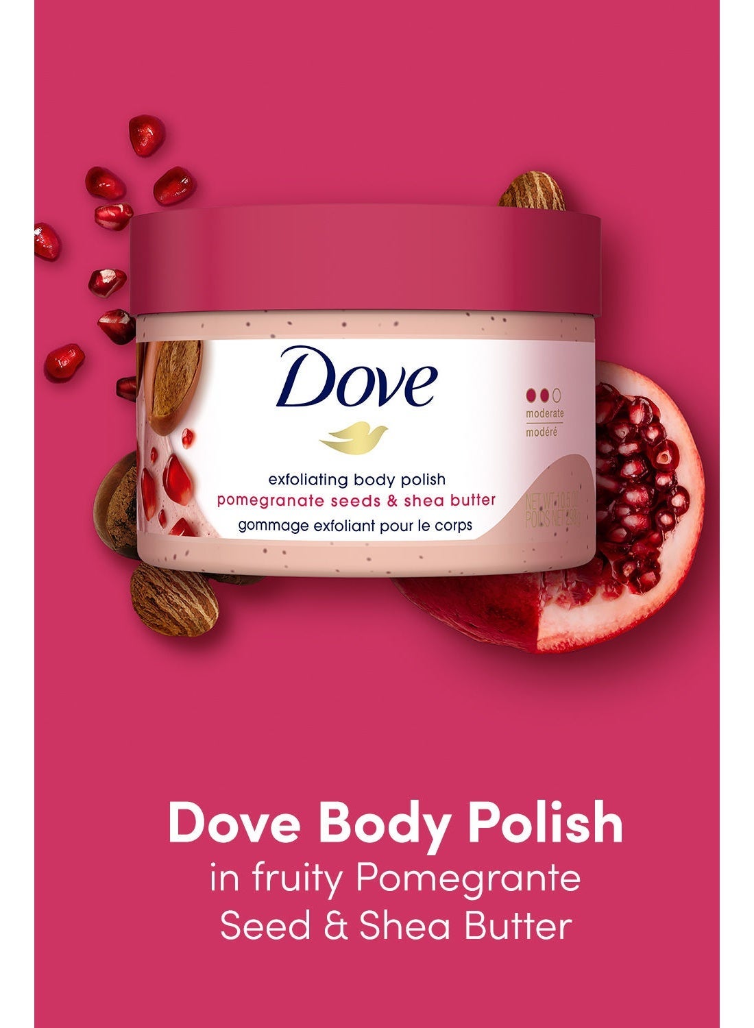 Dove Body Polish Exfoliating Scrub, Moisturizing Shea Butter and Pomegranate Seeds | Nourishes & Conditions Soft Skin | Sulphate Free, 298gm.