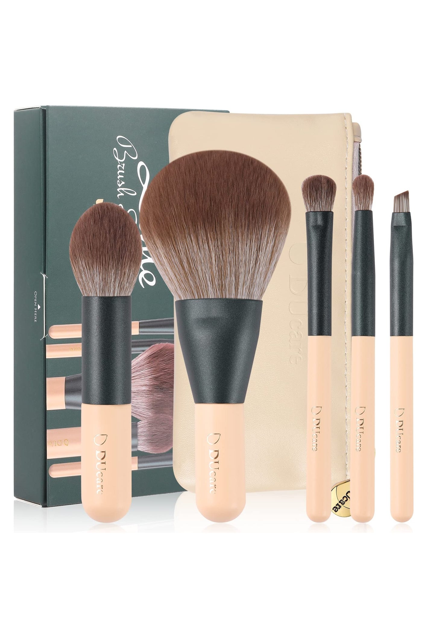 5-Piece Travel Makeup Brush Set - Mini Vegan Kabuki & Eyeshadow Brushes with Green Case