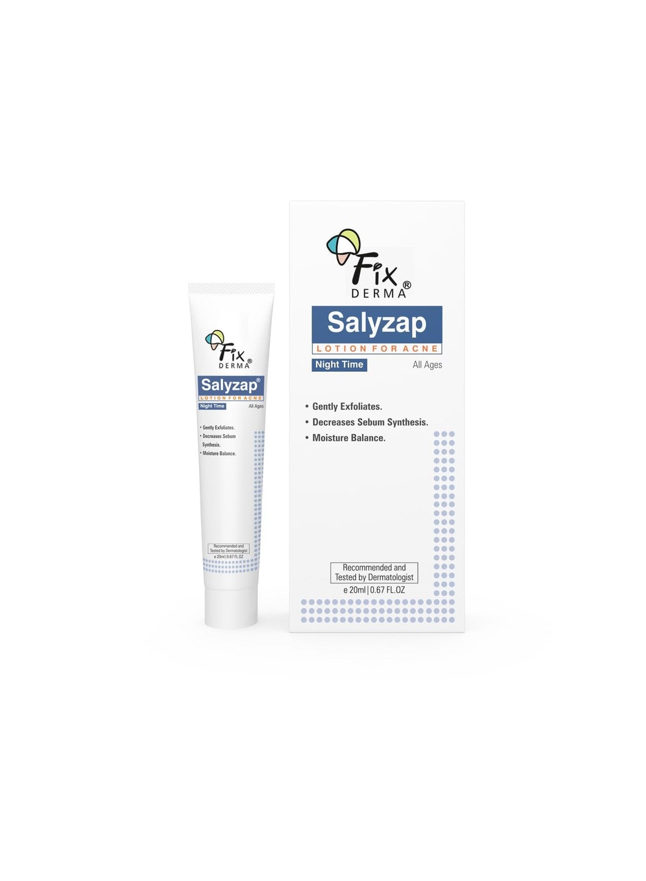 Fixderma Salyzap Lotion Night time, with Salicylic Acid Helps in Moisture Balance, For acne scars, pimples, Unclogs pores, Exfoliator, Soothes redness, Suitable for Oily and Acne-Prone skin, 20ml